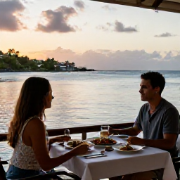 Caribbean Holidays, Martinique Multi-Country Holidays, A couple dining at a relaxed waterfront restaurant in Martinique at sunset, with local dishes and calm Caribbean water in the background
