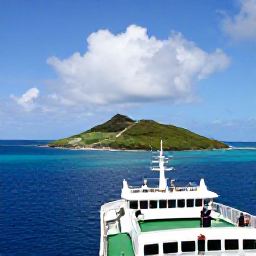 Caribbean Holidays, Martinique Multi-Country Holidays, A small Caribbean ferry approaching a green island harbour, with travellers on deck and bright blue sea under a partly cloudy sky