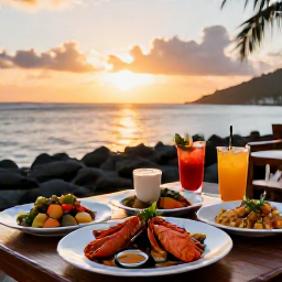 Caribbean Holidays, Martinique Multi-Country Holidays, Outdoor Caribbean restaurant at sunset with local seafood dishes, colourful drinks and a relaxed view across the sea