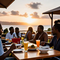 Caribbean Holidays, Martinique Multi-Country Holidays, Outdoor Caribbean restaurant in Martinique at sunset, with Creole dishes, colourful drinks and relaxed diners