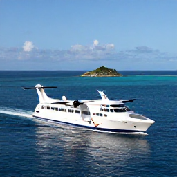 Caribbean Holidays, Martinique Multi Country, Modern ferry or regional aircraft journey between Caribbean islands, with blue sea, small islands and sunny September skies
