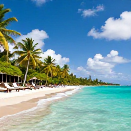 Caribbean Holidays, Martinique Multi Country, Palm-fringed white-sand beach in southern Martinique with clear turquoise water, loungers and tropical vegetation