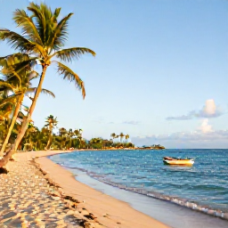 Caribbean Holidays, Martinique Multi-Country, Quiet Caribbean beach in April with clear turquoise water, palm trees, a small boat and golden afternoon light