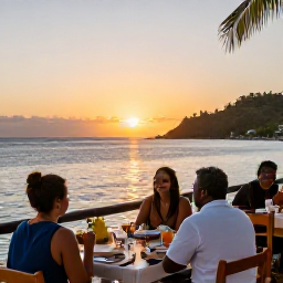 Caribbean Holidays, Martinique Multi-Country, Relaxed travellers dining at an outdoor Caribbean restaurant beside the sea at sunset, with island scenery in the background