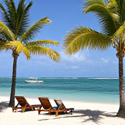 Caribbean Holidays, Martinique Multi-Country, Sun loungers on a quiet Caribbean beach with clear water, palm trees and a small boat offshore