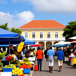 Caribbean Holidays, Martinique Multi-Country, Visitors walking through Fort-de-France market in Martinique, with colourful fruit stalls, flowers and traditional Caribbean architecture