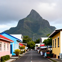 Caribbean Holidays, Martinique Nature Holidays, Colourful Martinique village street with Creole houses, tropical plants, local market stalls and mountains in the background