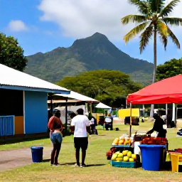 Caribbean Holidays, Martinique Nature Holidays, Friendly Martinique village market with local fruit, spices and handmade produce, set against a tropical island background