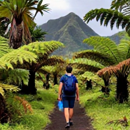 Caribbean Holidays, Martinique Nature Holidays, Hiker walking through a tropical forest trail in Martinique, surrounded by ferns, palms and volcanic mountain scenery