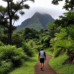 Caribbean Holidays, Martinique Nature Holidays, Hikers exploring a verdant Martinique trail beneath tropical trees with volcanic mountains in the distance
