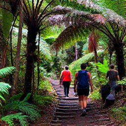 Caribbean Holidays, Martinique Nature Holidays, Hikers walking through Martinique rainforest on a marked trail near Mount Pel&eacute;e, surrounded by ferns and tropical plants