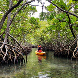 Caribbean Holidays, Martinique Nature Holidays, Kayakers exploring the calm mangrove channels of Martinique, surrounded by green roots, still water and tropical birdlife