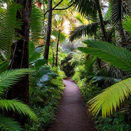 Caribbean Holidays, Martinique Nature Holidays, Lush Martinique rainforest in January with tropical foliage, a clear walking trail and soft morning sunlight