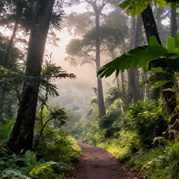 Caribbean Holidays, Martinique Nature Holidays, Lush tropical rainforest on Mount Pel&eacute;e in Martinique, with a walking trail, towering trees and soft morning light
