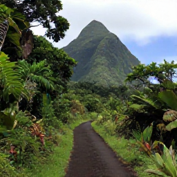 Caribbean Holidays, Martinique Nature Holidays, Lush tropical rainforest on the slopes of Mount Pel&eacute;e in Martinique, with a clear hiking trail and dramatic green scenery