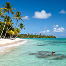 Caribbean Holidays, Martinique Nature Holidays, Quiet Martinique beach bordered by palm trees and turquoise water, with a snorkeller exploring a shallow reef