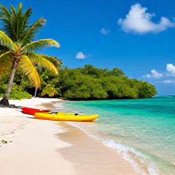 Caribbean Holidays, Martinique Nature Holidays, Quiet Martinique beach with turquoise water, green palm trees and kayaks near a protected mangrove lagoon