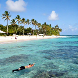 Caribbean Holidays, Martinique Nature Holidays, Quiet Martinique beach with turquoise water, palm trees and a snorkeller exploring a clear shallow reef in November sunshine