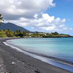 Caribbean Holidays, Martinique Nature Holidays, Quiet Martinique coastline with turquoise water, black volcanic sand, palm trees and green hills under a partly cloudy sky