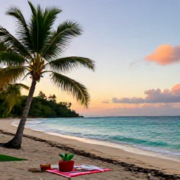 Caribbean Holidays, Martinique Nature Holidays, Quiet palm-fringed beach and turquoise sea in Martinique at sunset, with a small nature-friendly picnic
