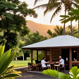 Caribbean Holidays, Martinique Nature Holidays, Relaxed outdoor caf&eacute; near a Martinique nature trail with local food, tropical greenery and warm afternoon light