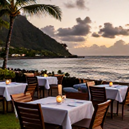 Caribbean Holidays, Martinique Nature Holidays, Relaxed outdoor dining beside the sea in Martinique on a warm July evening