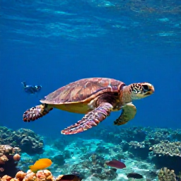 Caribbean Holidays, Martinique Nature Holidays, Sea turtle swimming above a clear Martinique coral reef with colourful fish and snorkellers in the distance