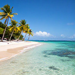 Caribbean Holidays, Martinique Nature Holidays, Secluded tropical beach in southern Martinique with turquoise sea, palm trees and a snorkeller near a coral reef