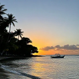 Caribbean Holidays, Martinique Nature Holidays, Sunset over a peaceful Martinique coastline with tropical vegetation and a small traditional fishing boat