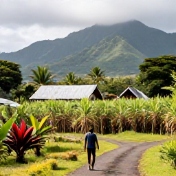 Caribbean Holidays, Martinique Nature Holidays, Traveller walking through Martinique countryside near a traditional village, with sugar cane fields, tropical plants and distant green mountains
