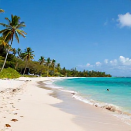 Caribbean Holidays, Martinique Nature Holidays, Turquoise Caribbean water, secluded sandy beach and palm trees along the Martinique coastline, with a snorkeller near the shore