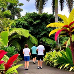 Caribbean Holidays, Martinique Nature Holidays, Visitors exploring botanical gardens with tropical flowers and palms in Martinique