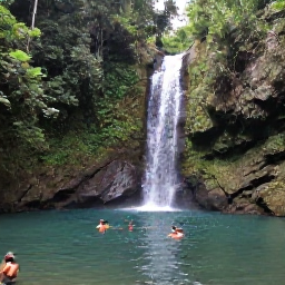 Caribbean Holidays, Martinique Nature Holidays, Waterfall in Martinique surrounded by tropical forest, with clear pool and visitors swimming in natural surroundings
