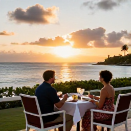 Caribbean Holidays, Martinique November, A couple enjoying a sunset dinner on a Martinique resort terrace overlooking the Caribbean Sea, with warm evening light and relaxed island surroundings