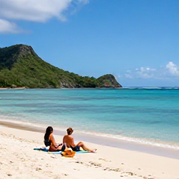 Caribbean Holidays, Martinique November, A couple relaxing on a quiet Martinique beach with clear Caribbean water and green hills in the background