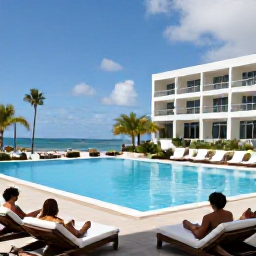 Caribbean Holidays, Martinique November, A modern all-inclusive hotel in Martinique beside a tropical beach, with a swimming pool, sun loungers and guests enjoying a relaxed November afternoon