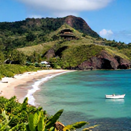 Caribbean Holidays, Martinique November, A scenic Martinique coastline with volcanic hills, lush rainforest, a quiet sandy cove and a small boat on clear Caribbean water