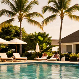 Caribbean Holidays, Martinique November, Couple relaxing beside an adults-only resort pool in Martinique beneath palm trees in warm November sunshine