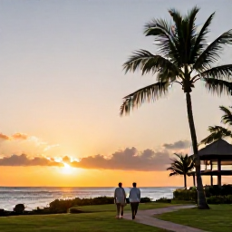 Caribbean Holidays, Martinique November, Elegant adults-only Martinique resort at sunset with a couple walking near the sea and palm trees