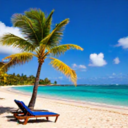 Caribbean Holidays, Martinique November, Golden sandy beach on Martinique with turquoise water, swaying palms and two sun loungers in November