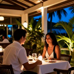 Caribbean Holidays, Martinique November, Romantic couple dining at an elegant open-air restaurant in Martinique with tropical plants and evening lights