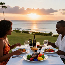 Caribbean Holidays, Martinique October, A relaxed Caribbean dinner in Martinique with grilled fish, colourful Creole dishes and a sunset view over the sea
