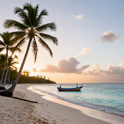 Caribbean Holidays, Martinique October, A warm October morning on a Martinique beach, with turquoise water, palm trees and a small colourful fishing boat