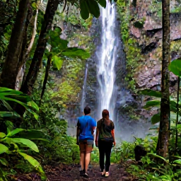 Caribbean Holidays, Martinique October, Couple hiking through lush rainforest towards a waterfall on Mount Pel&eacute;e in Martinique