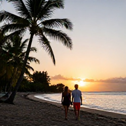 Caribbean Holidays, Martinique October, Couple walking hand in hand along a quiet palm-fringed beach in Martinique at sunset