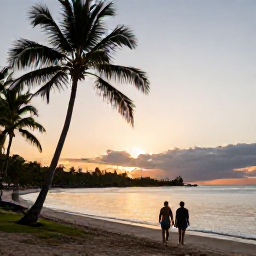 Caribbean Holidays, Martinique October Holidays, A couple walking beside a calm Martinique beach at sunset, with palm trees and warm evening light