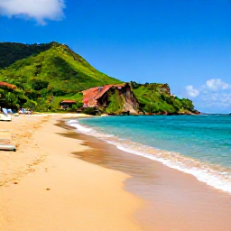 Caribbean Holidays, Martinique October Holidays, A quiet golden-sand beach in Martinique with clear Caribbean water, sun loungers and lush green hills