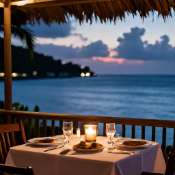 Caribbean Holidays, Martinique October, Romantic evening at a Martinique seaside restaurant with candlelit table, local food and calm ocean view