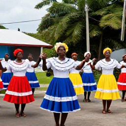 Caribbean Holidays, Martinique October, Traditional Martinique dancers and musicians performing outdoors in colourful Creole clothing