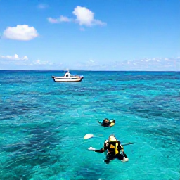 Caribbean Holidays, Martinique Scuba Diving, A diver ascending through clear Caribbean water near Martinique while a small boat waits on the surface under a sunny sky